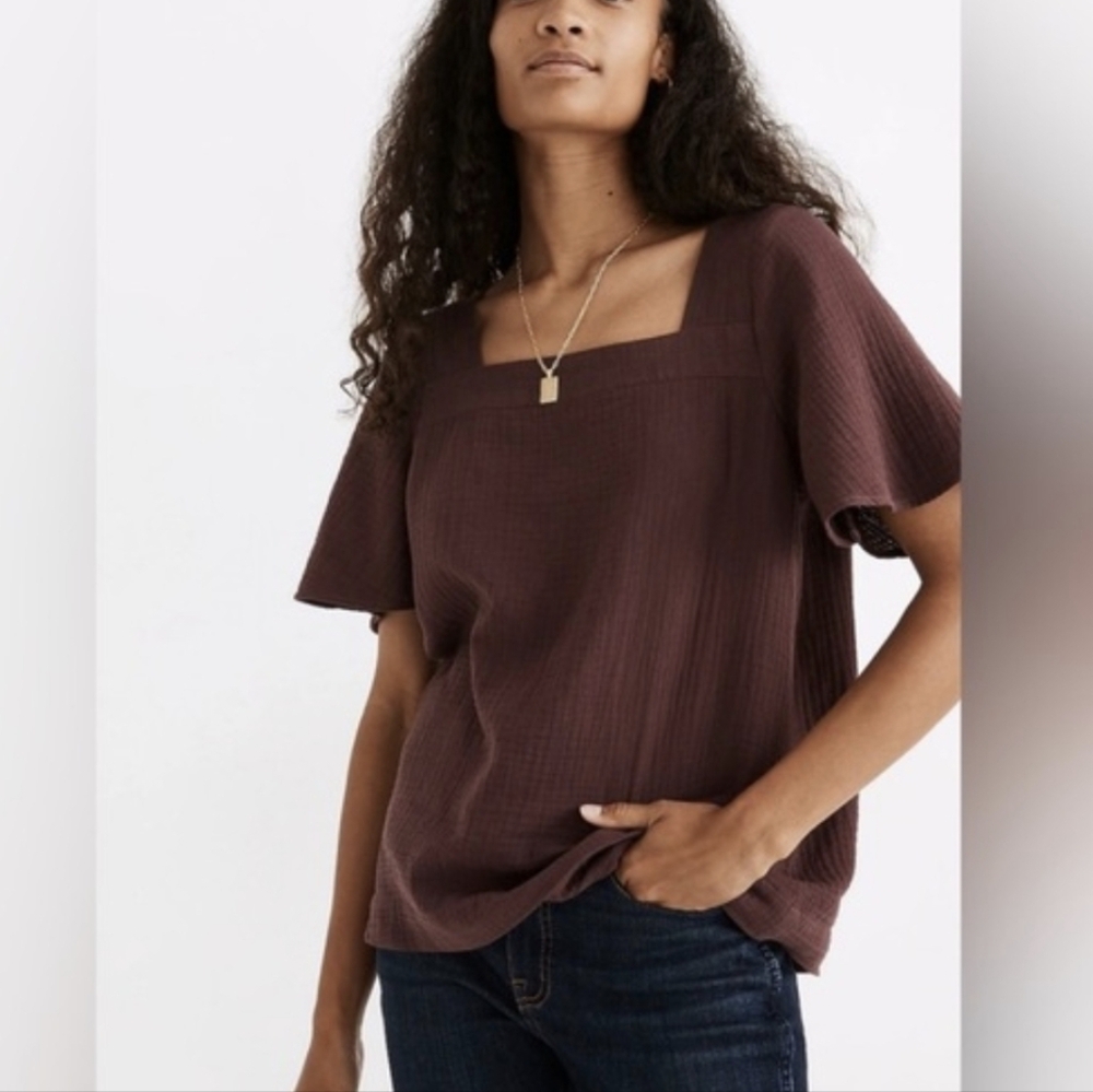 Madewell Brown Square-Neck Flutter Sleeve Top